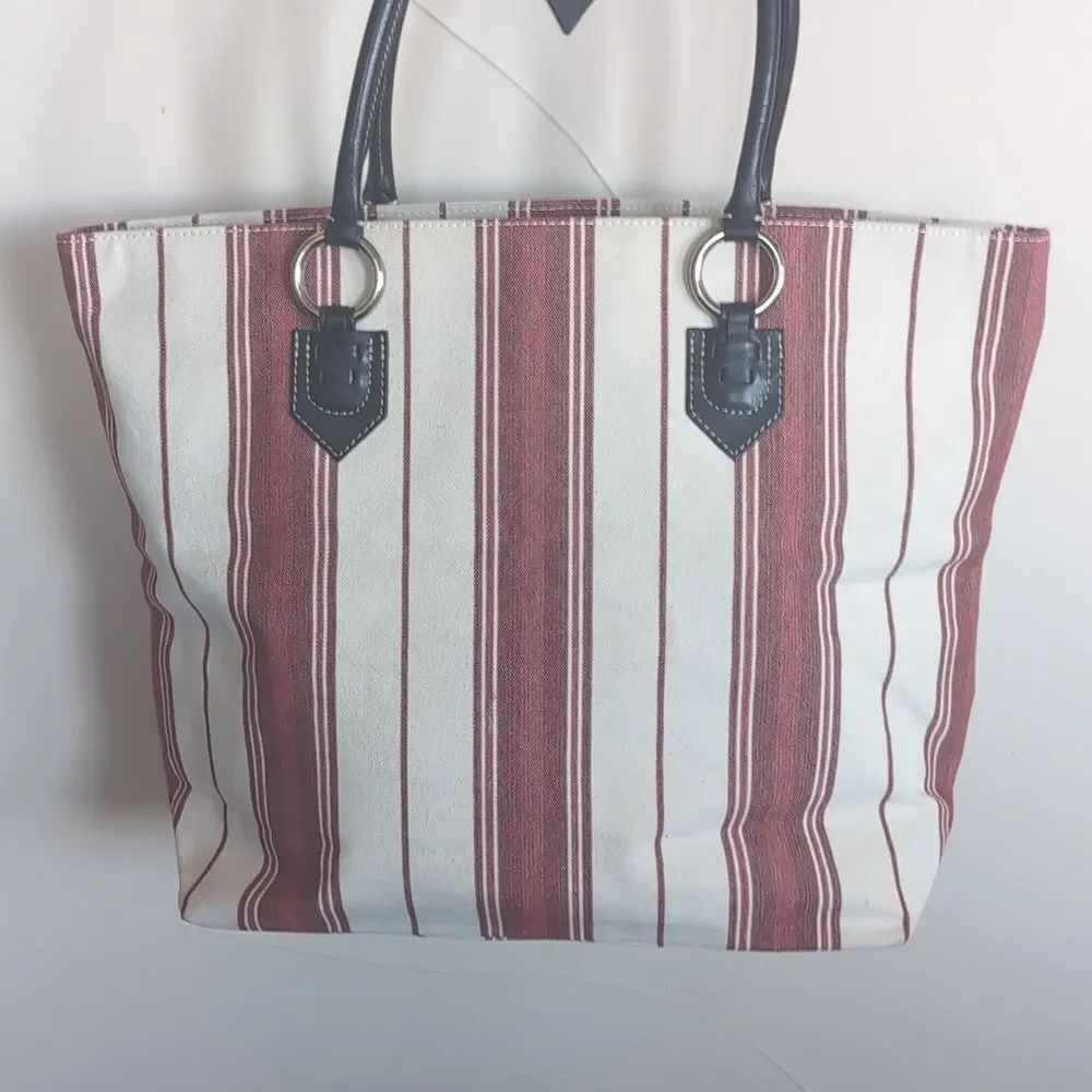 Banana Republic XL Striped Red & Cream Canvas Tote Bag w Black Leather Handles - Picture 6 of 17